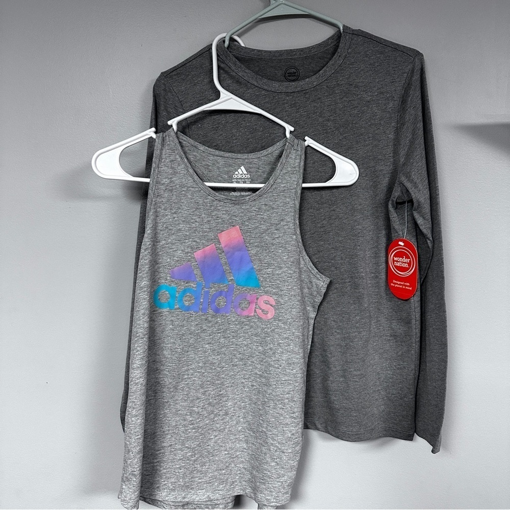 Adidas Girls Gray & Pink Razor Back Tank Top With FREE Long Sleeve Tee, L
